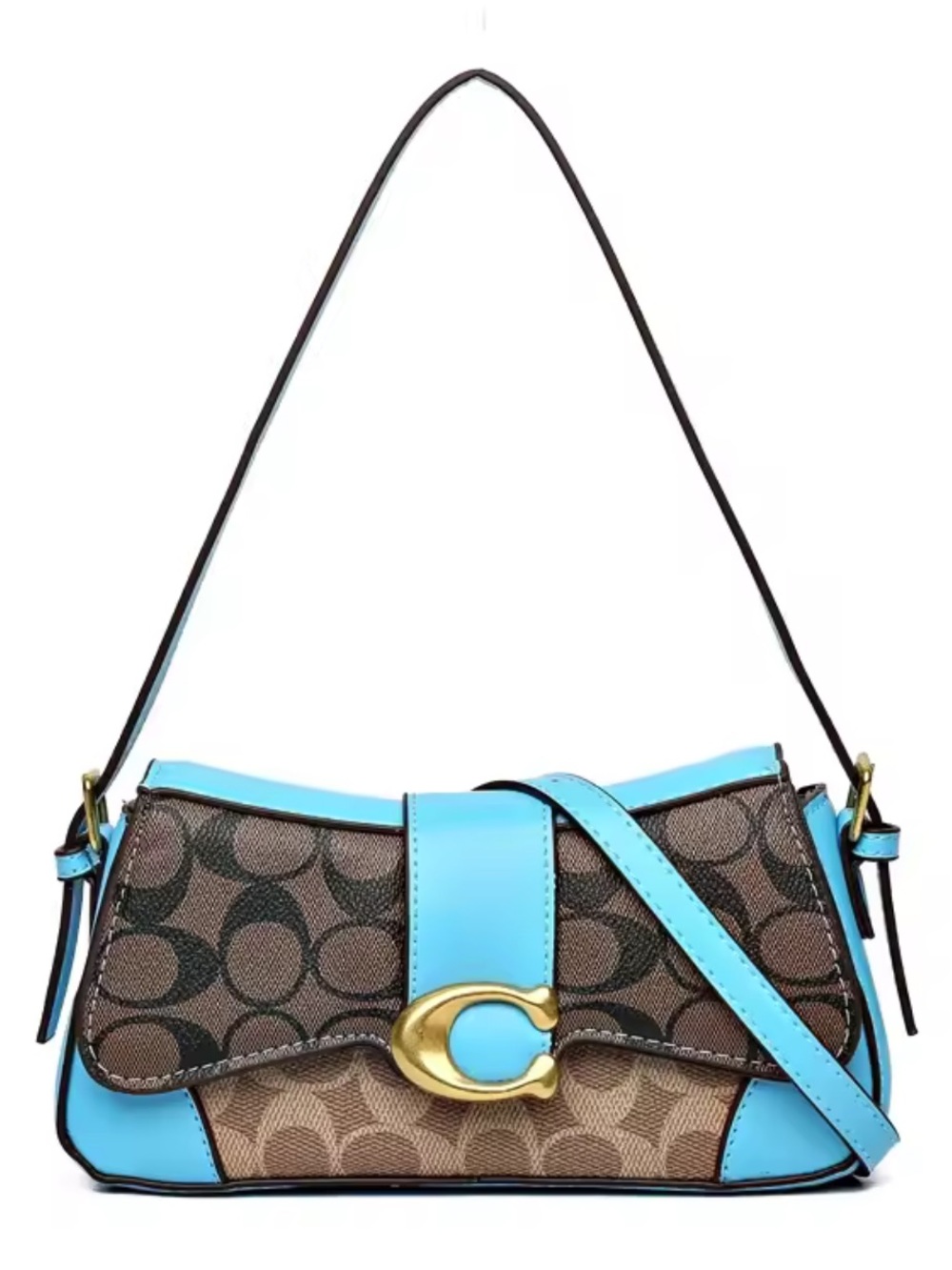 Designer inspired Brown Signature Canvas Shoulder Bag with Turquoise Trim